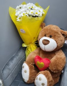 Букет солнечная ромашка и медведь Тима (70см)