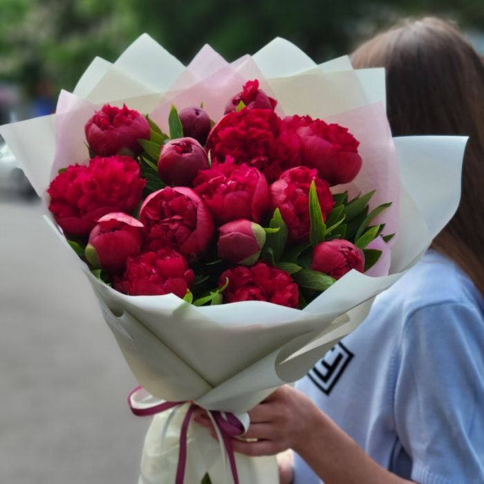 Букет из 15 бордовых пионов